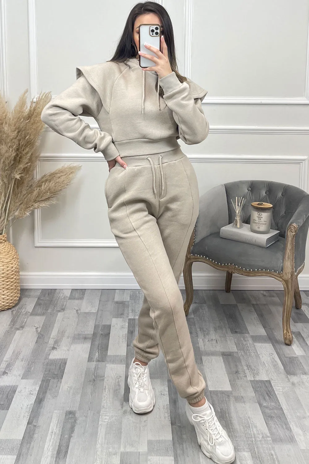 Alexa Beige Flare Sleeve Cropped Hoodie and Joggers Tracksuit Set