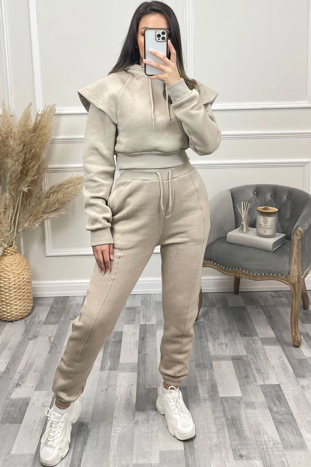 Alexa Beige Flare Sleeve Cropped Hoodie and Joggers Tracksuit Set