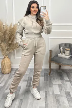 Alexa Beige Flare Sleeve Cropped Hoodie and Joggers Tracksuit Set