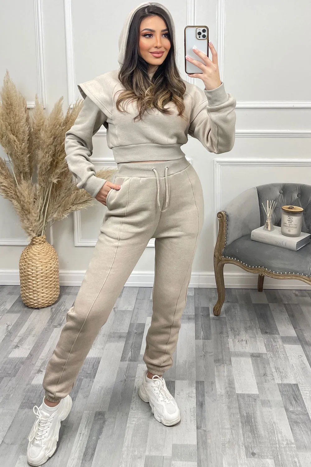 Alexa Beige Flare Sleeve Cropped Hoodie and Joggers Tracksuit Set