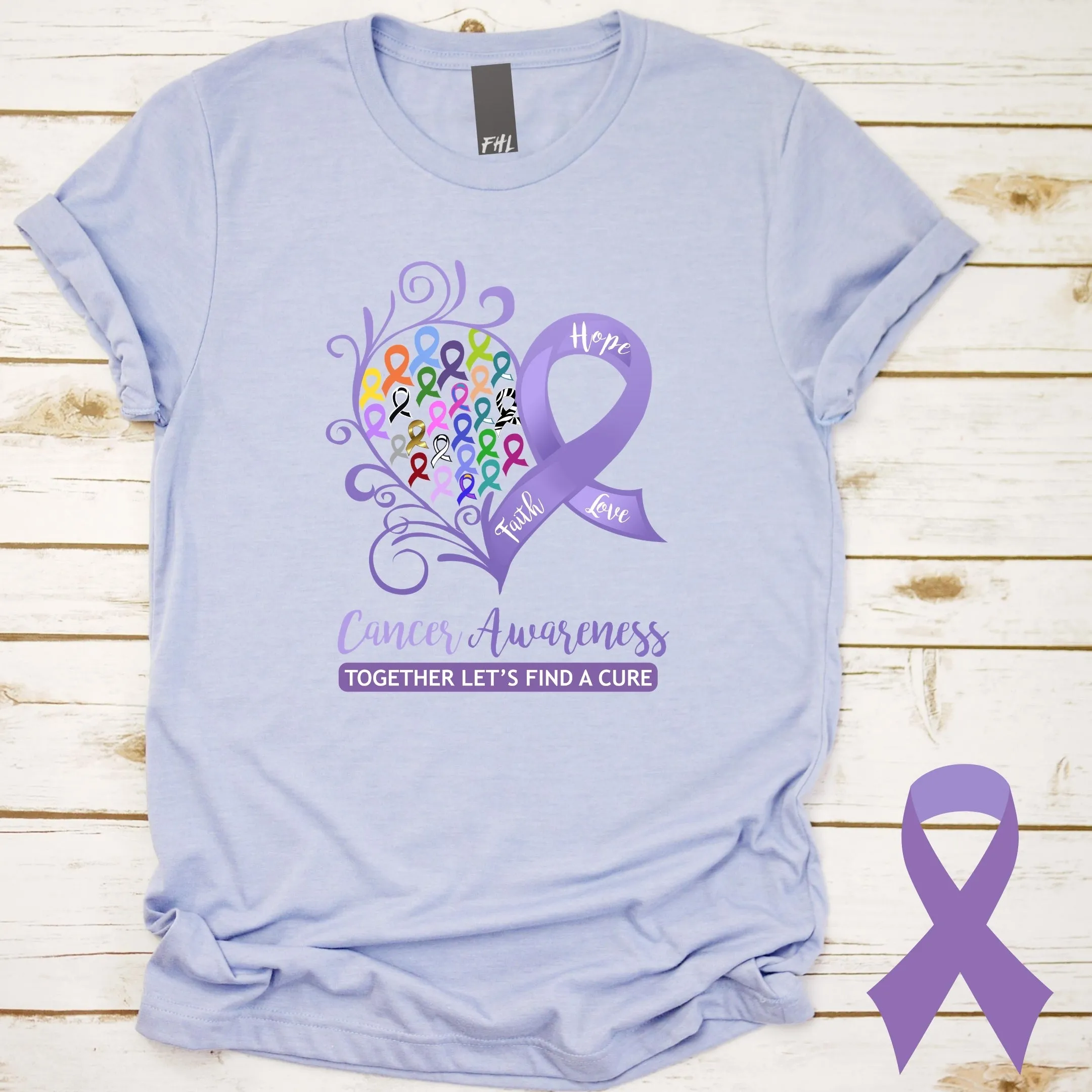 All Cancer Awareness Heart (Heather Blue) T-Shirt (Size Small) (Quick Ship)