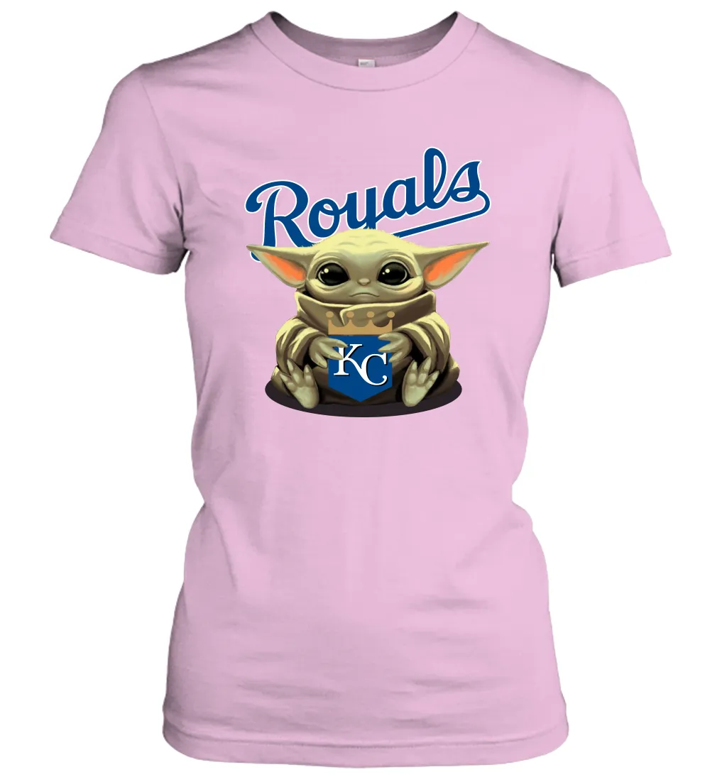 Baby Yoda Hugs Loves The Kansas City Royals Baseball Womens T-Shirt