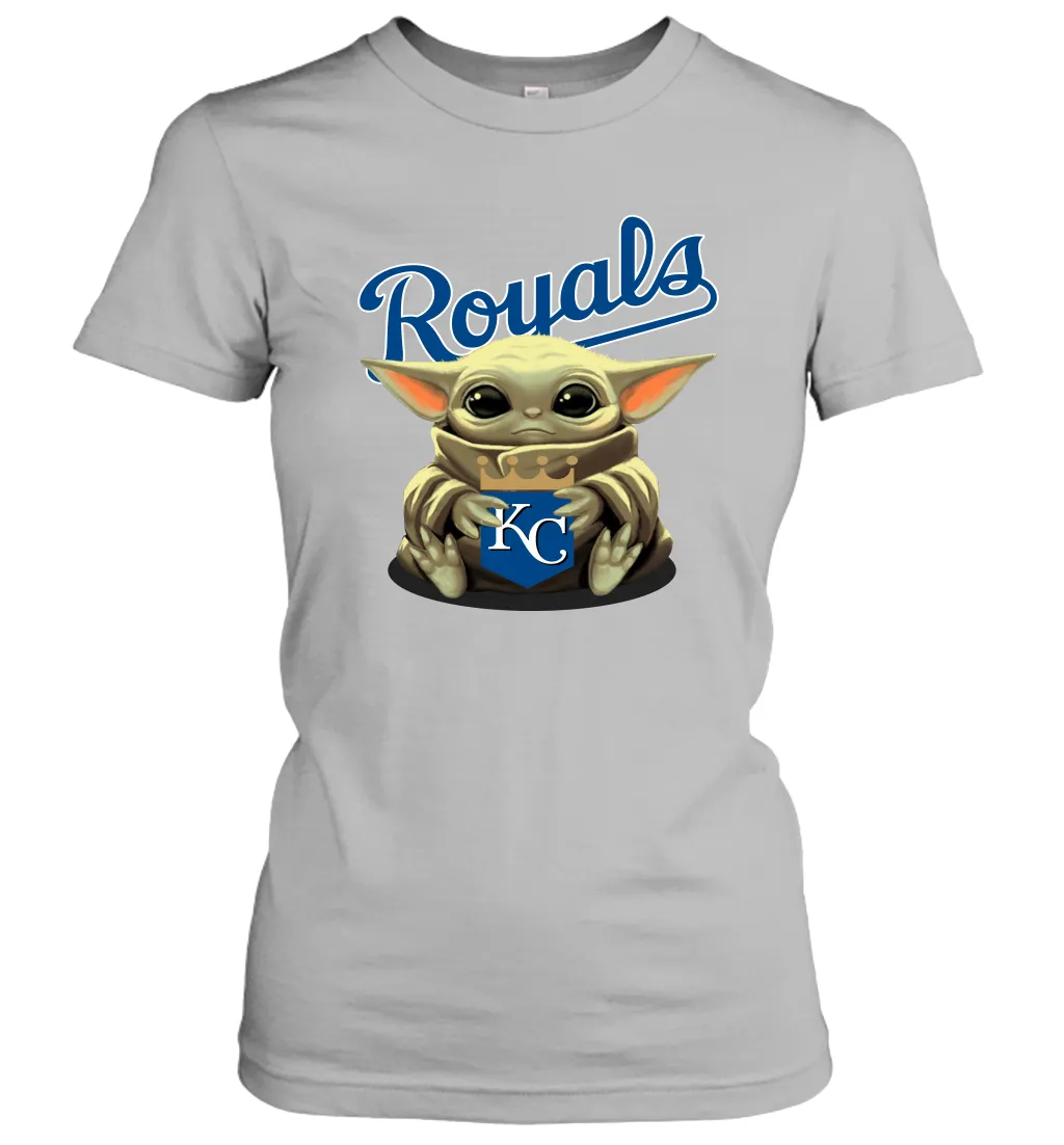 Baby Yoda Hugs Loves The Kansas City Royals Baseball Womens T-Shirt