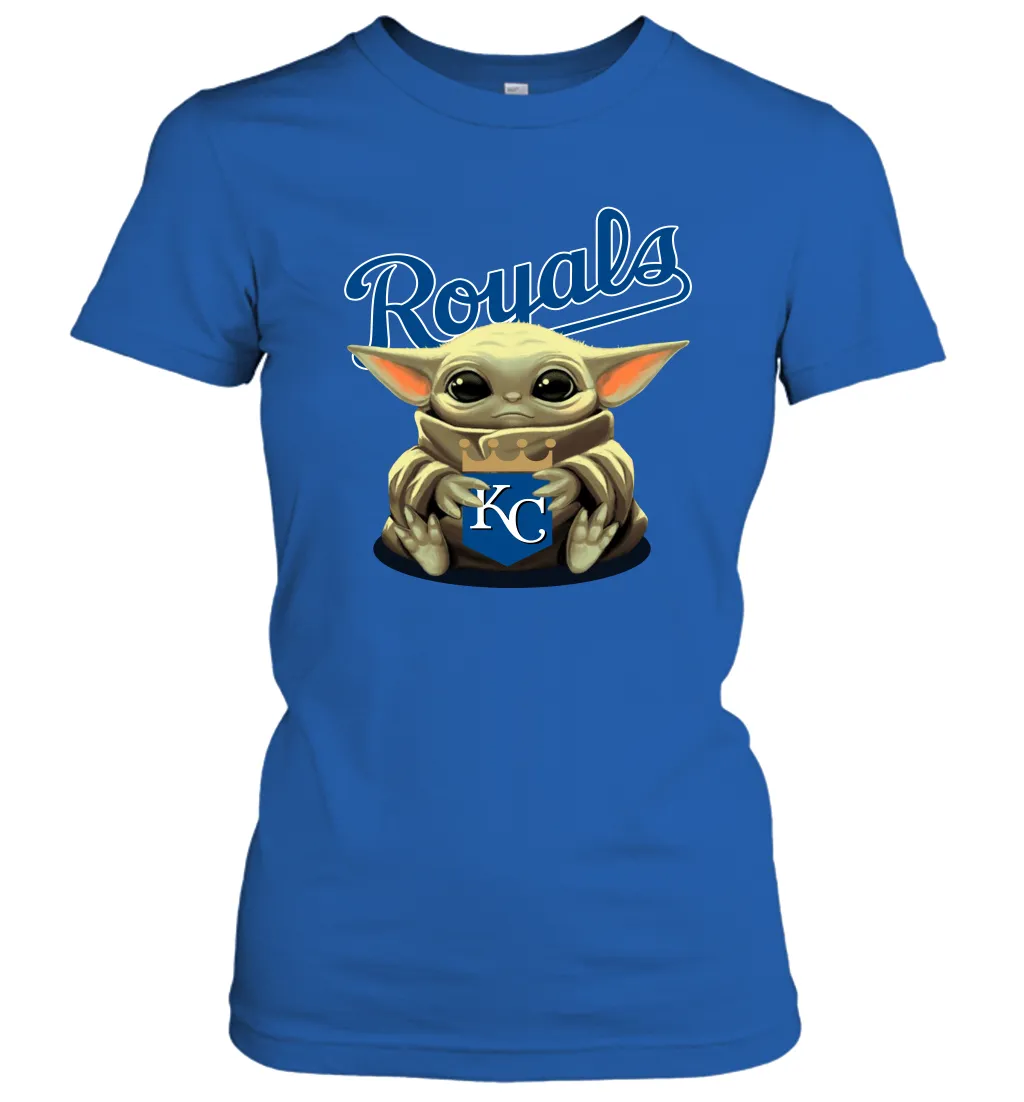 Baby Yoda Hugs Loves The Kansas City Royals Baseball Womens T-Shirt