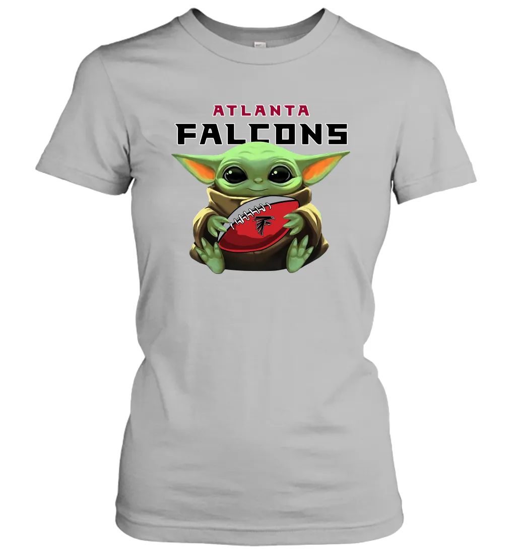 Baby Yoda Loves The Atlanta Falcons Star Wars Baby Yoda Hugs Falcons NFL Womens T-Shirt