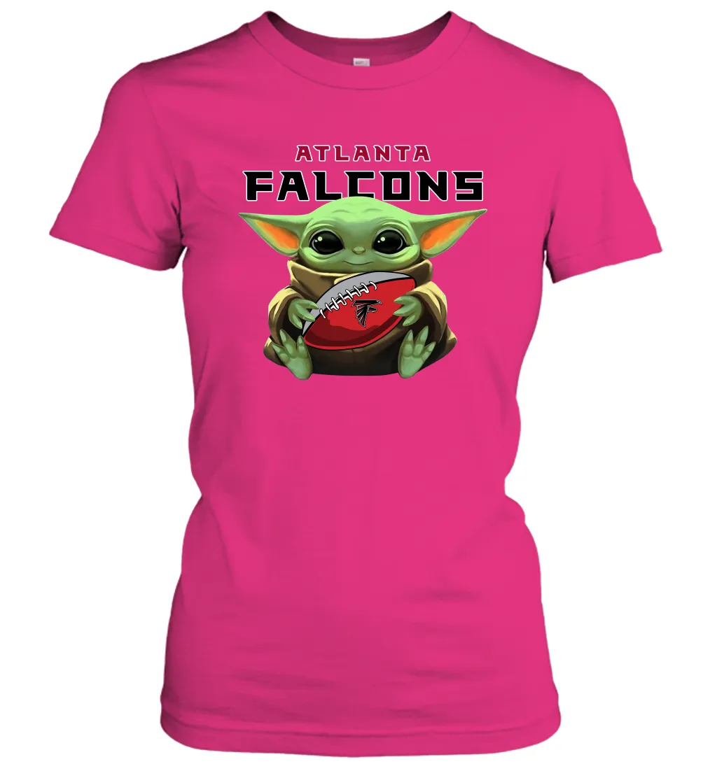 Baby Yoda Loves The Atlanta Falcons Star Wars Baby Yoda Hugs Falcons NFL Womens T-Shirt