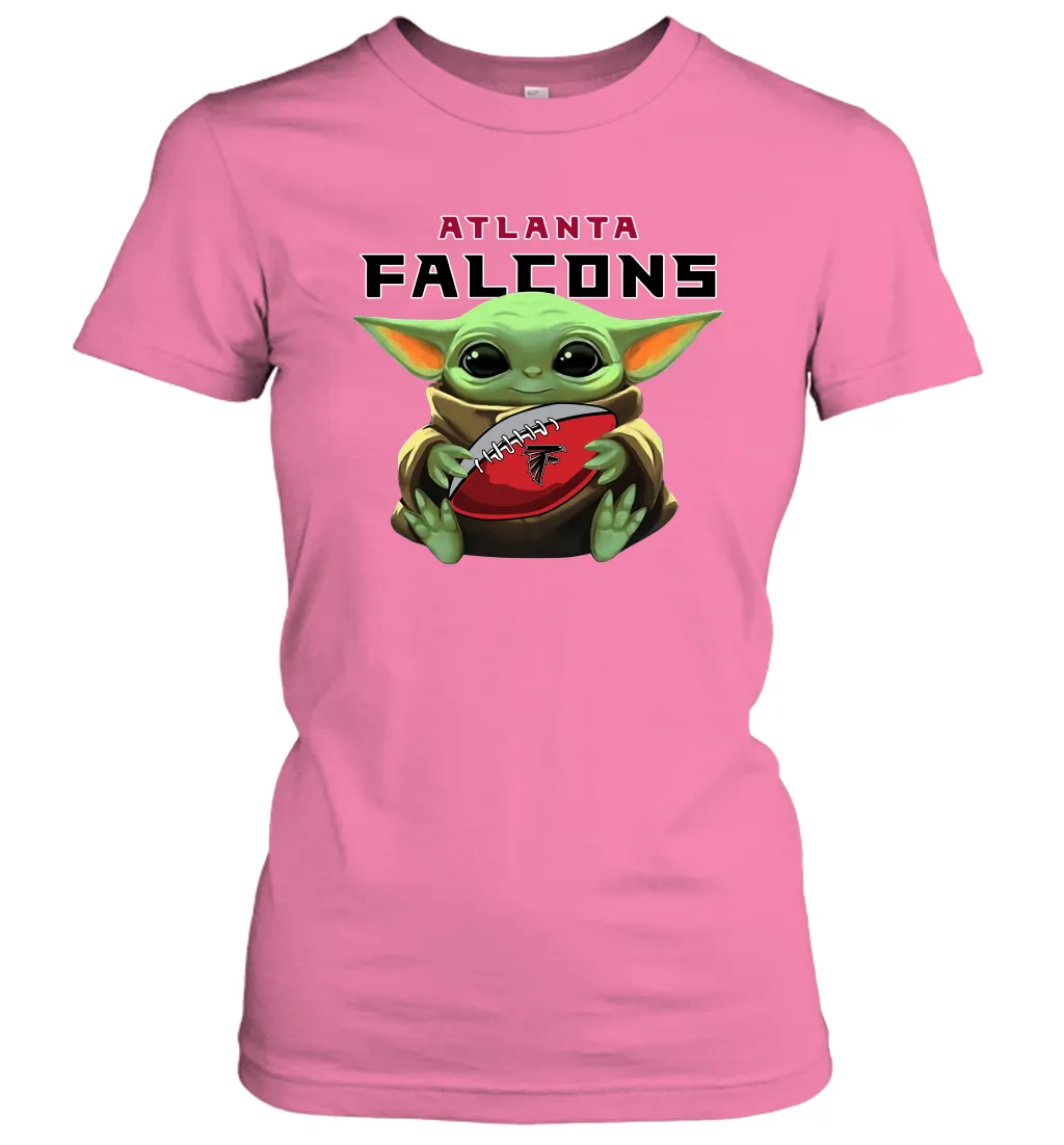 Baby Yoda Loves The Atlanta Falcons Star Wars Baby Yoda Hugs Falcons NFL Womens T-Shirt