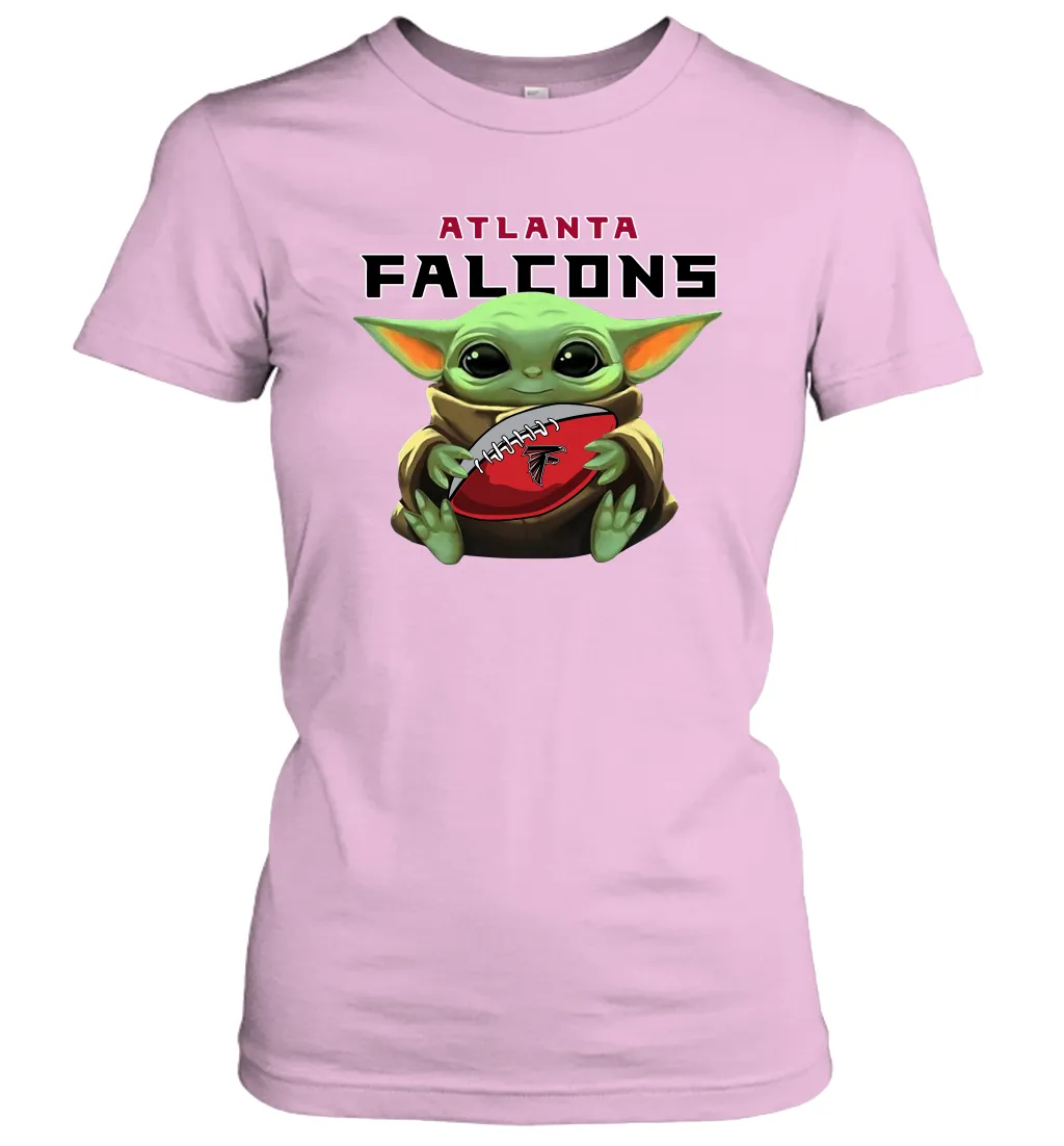 Baby Yoda Loves The Atlanta Falcons Star Wars Baby Yoda Hugs Falcons NFL Womens T-Shirt