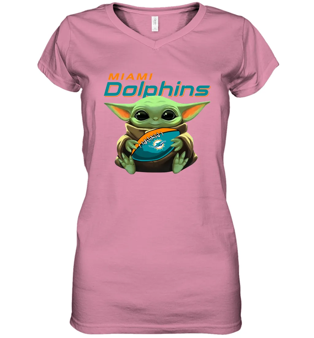 Baby Yoda Loves The Miami Dolphins Star Wars Baby Yoda Hugs Dolphins NFL Womens V-Neck T-Shirt