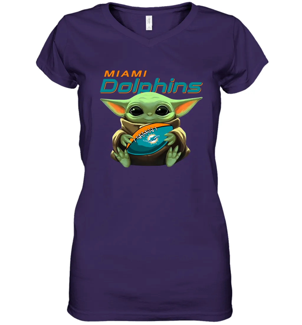 Baby Yoda Loves The Miami Dolphins Star Wars Baby Yoda Hugs Dolphins NFL Womens V-Neck T-Shirt