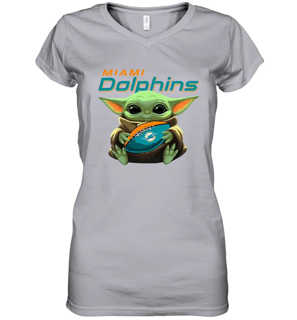 Baby Yoda Loves The Miami Dolphins Star Wars Baby Yoda Hugs Dolphins NFL Womens V-Neck T-Shirt