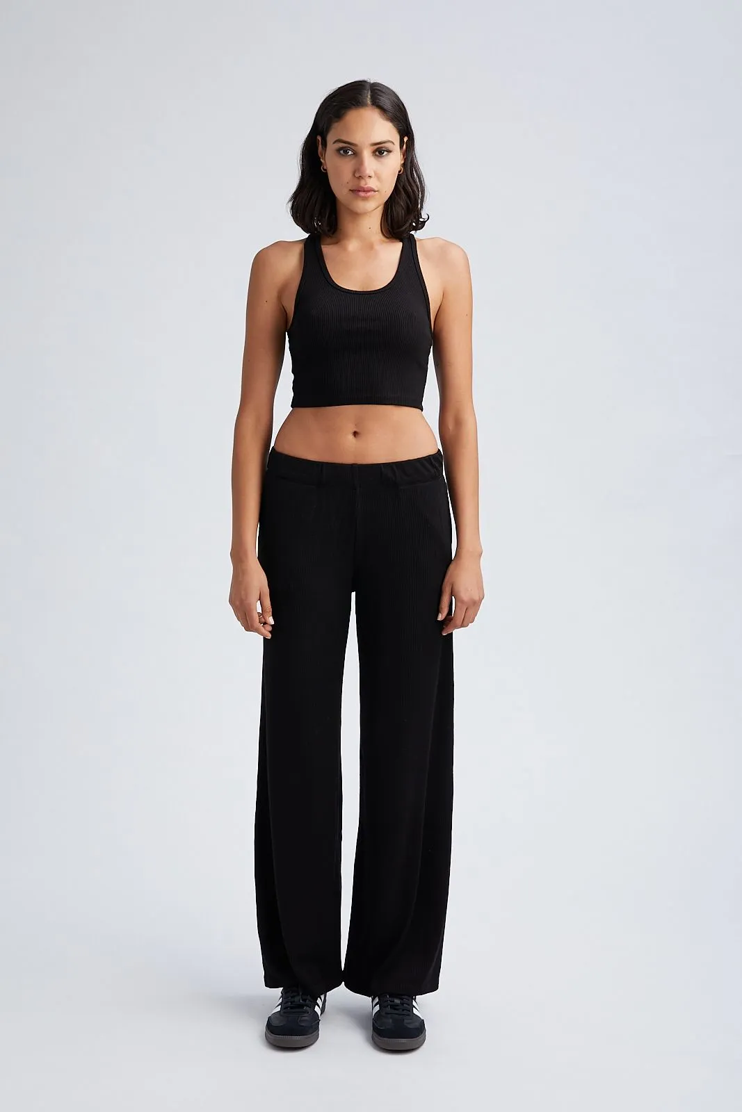 Black Rib Wide Leg Pants