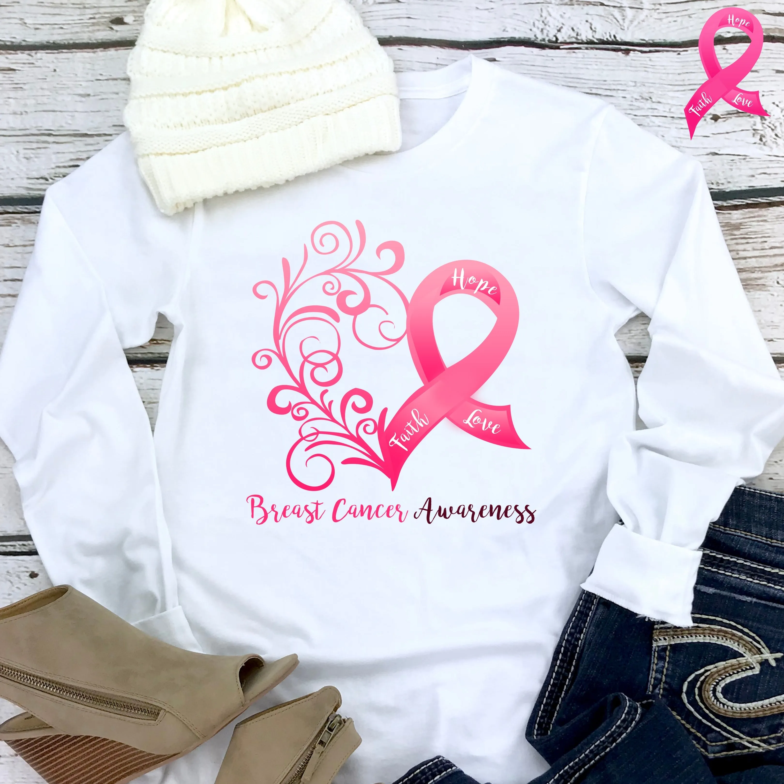 Breast Cancer Awareness Long Sleeve Tee - Light Colors