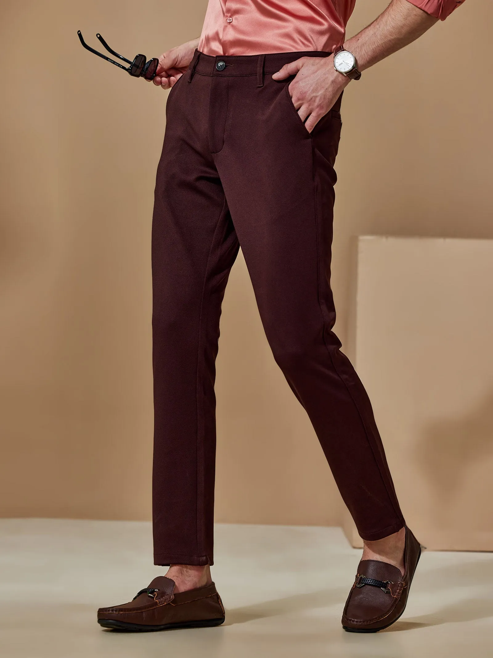 Brown 4-Way Stretch Textured Trouser