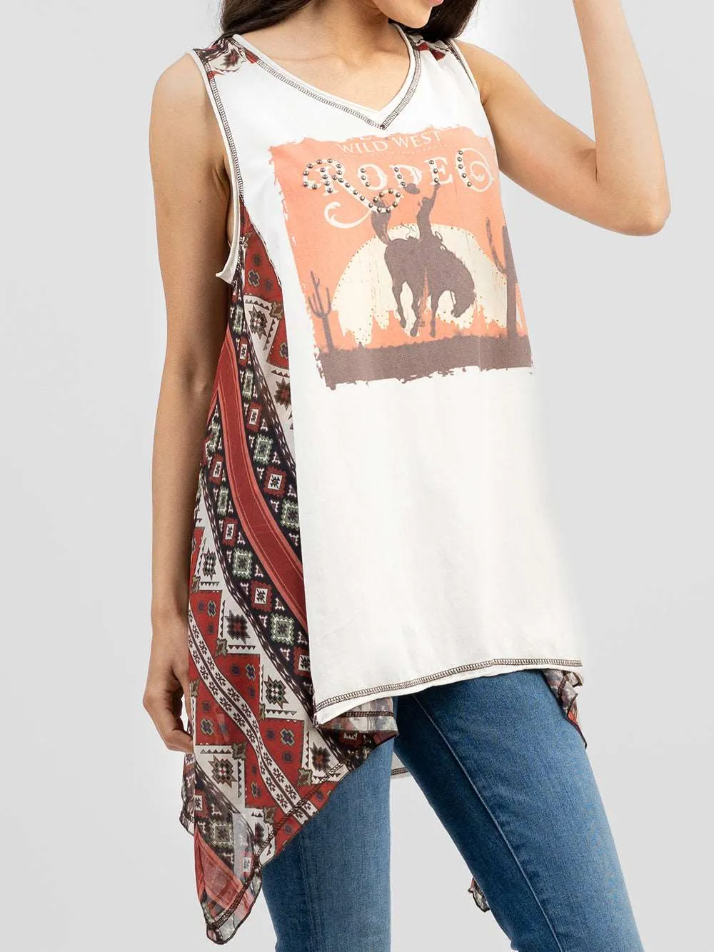 Delila Women Washed Rodeo Aztec Pieced Sleeveless Tank