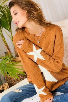 Distressed Round Neck Long Sleeve Star Print Loose Fit Sweater