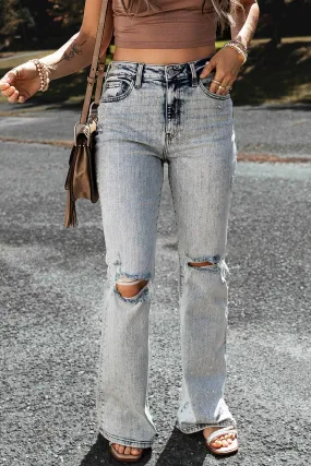 Distressed Washed Slit Knee Flared Jeans