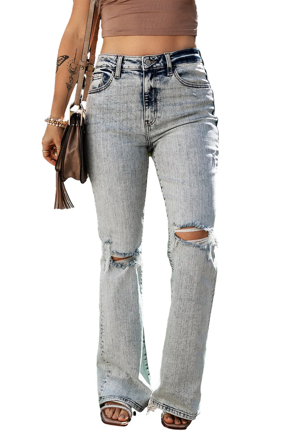 Distressed Washed Slit Knee Flared Jeans