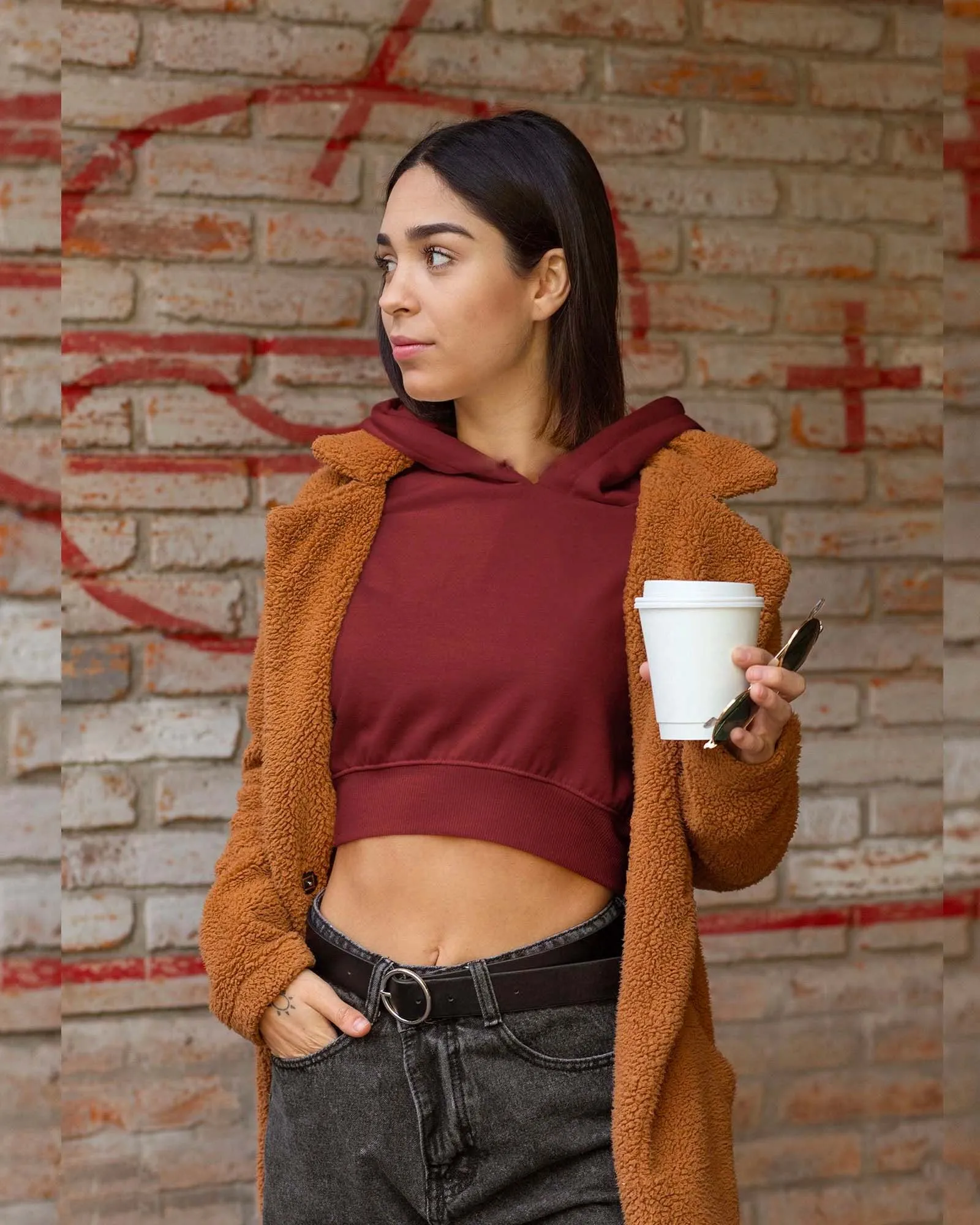 Drop Shoulder Crop Hoodie: Crimson