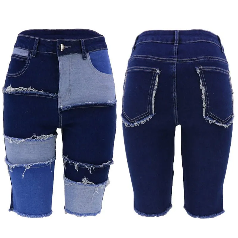 Fashion Five-Point Denim Women Pants New High Elastic Hip Lifting Patchwork Pants Popular