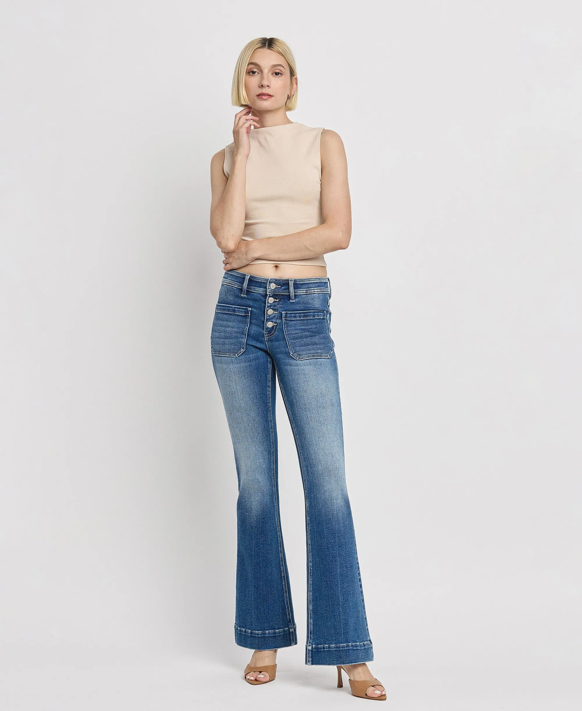 Gleefully - Mid Rise Trouser Hem Flare Jeans