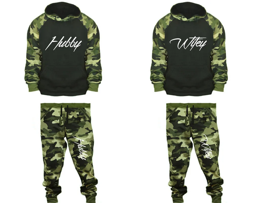 Hubby Wifey Couple Matching Camo Hoodies and Jogger Pants Top & Bottom Sets