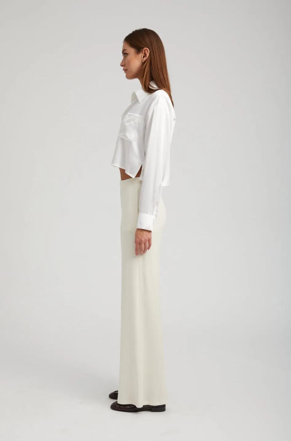 Ivory Silk Cropped Button Down