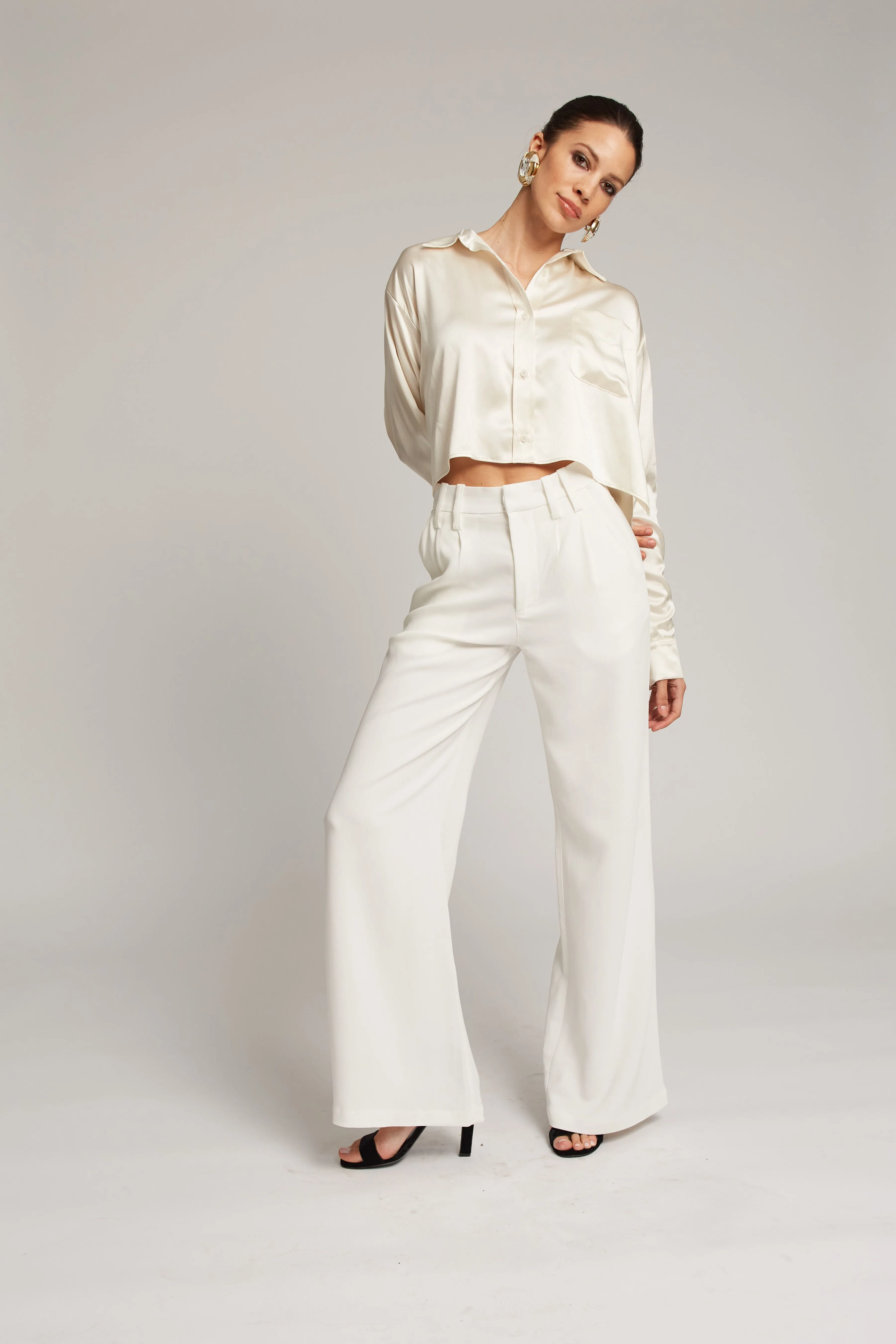 Ivory Silk Cropped Button Down