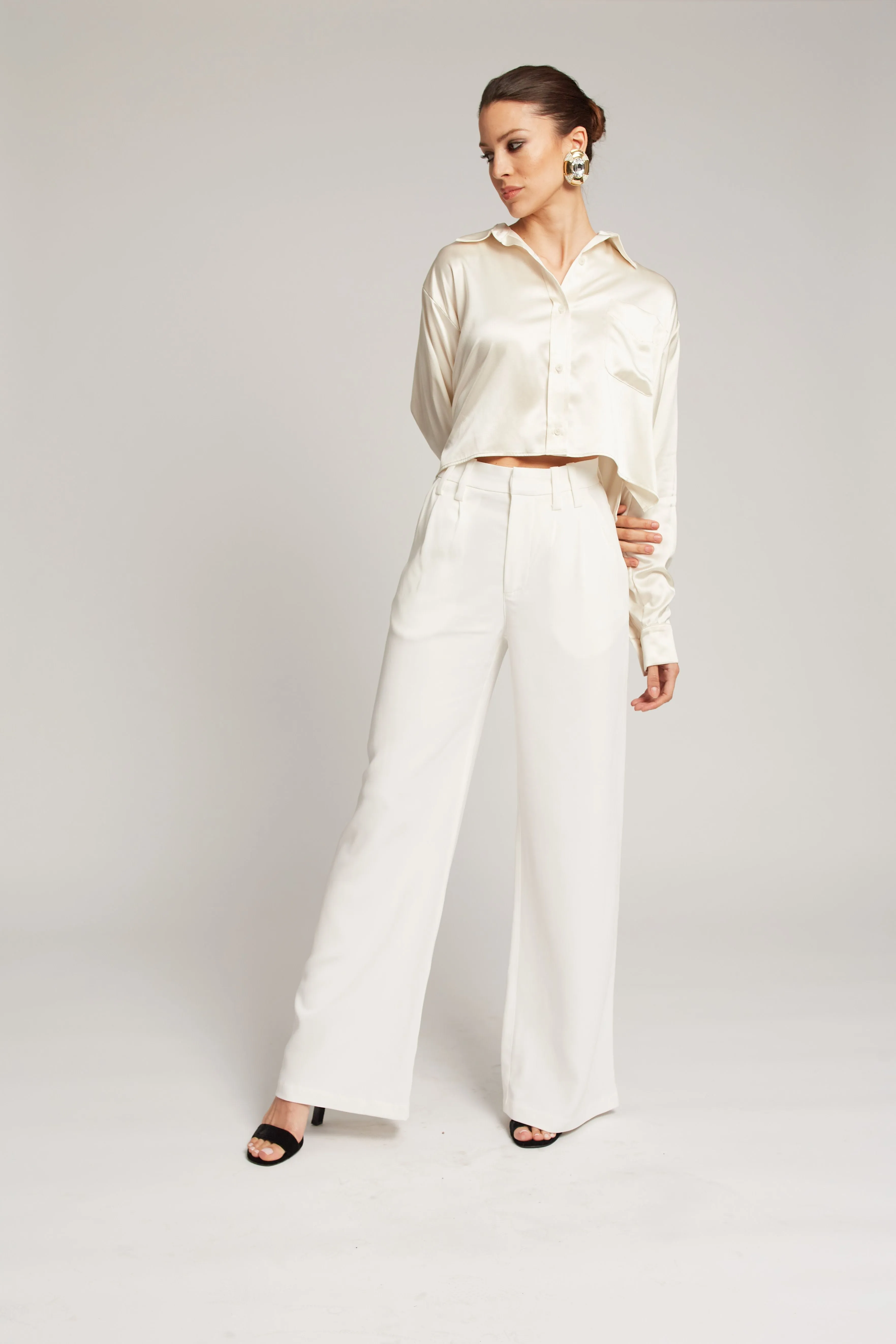 Ivory Silk Cropped Button Down