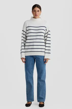 Joanie Turtle Neck Knit Sweater White and Navy