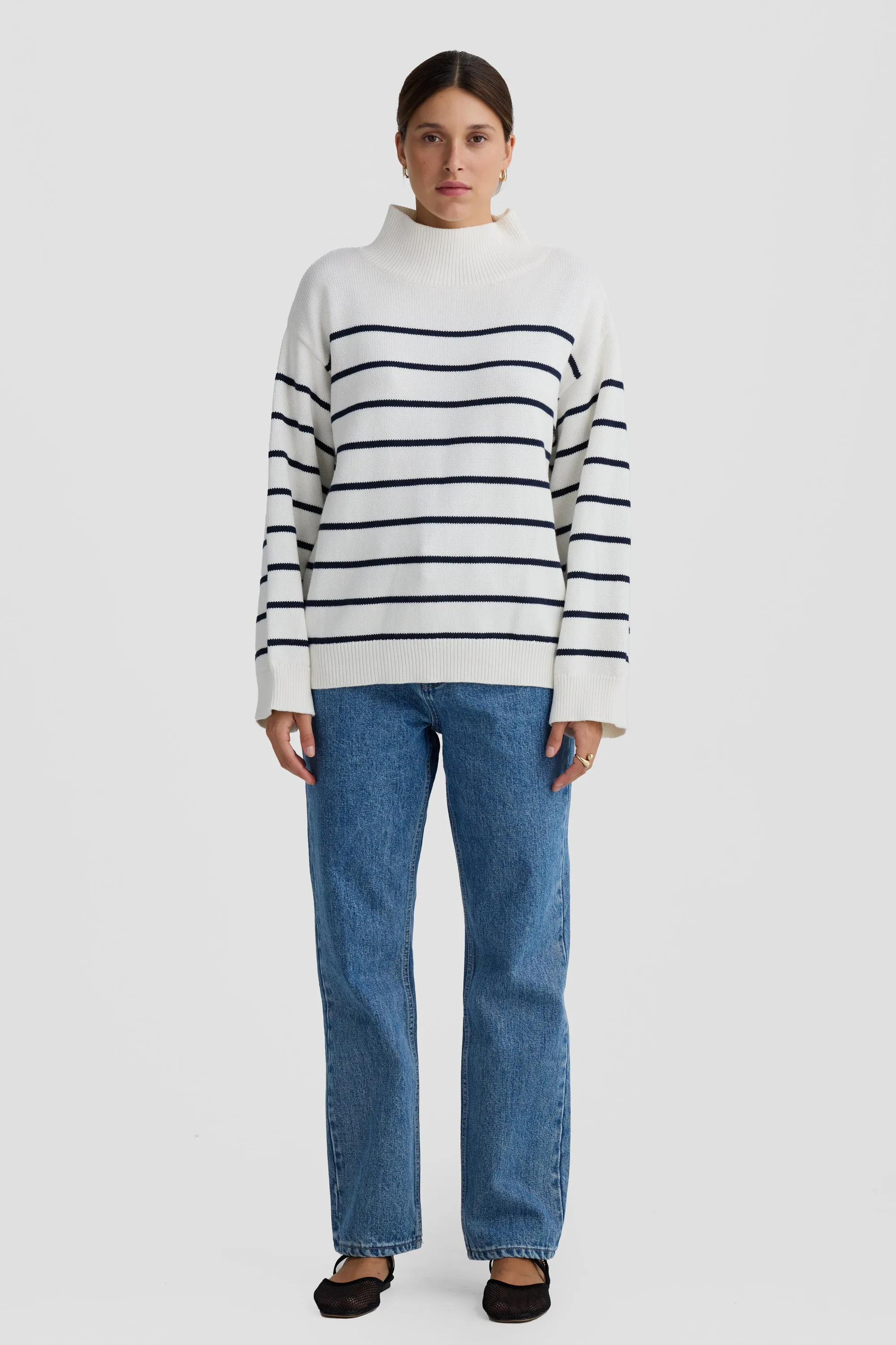 Joanie Turtle Neck Knit Sweater White and Navy