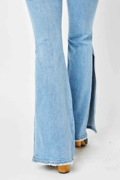 Judy Blue, Mid Rise Raw Hem Slit Flare Jeans