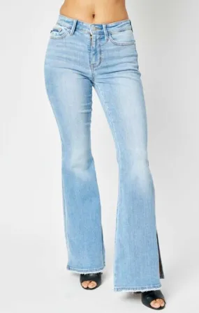 Judy Blue, Mid Rise Raw Hem Slit Flare Jeans