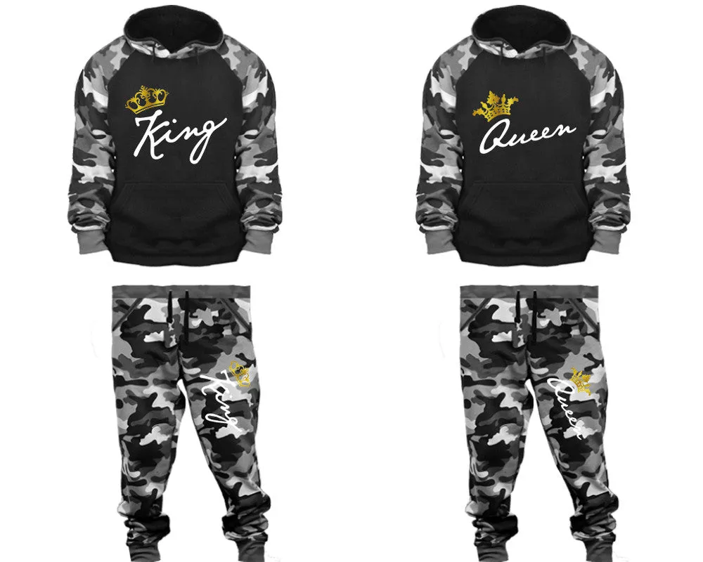 King Queen Couple Matching Camo Hoodies and Camo Jogger Pants Sold Separately