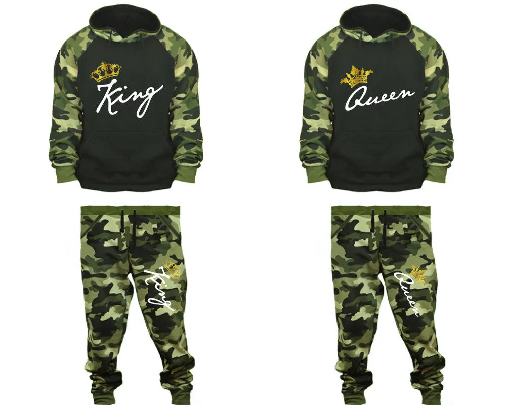 King Queen Couple Matching Camo Hoodies and Camo Jogger Pants Sold Separately