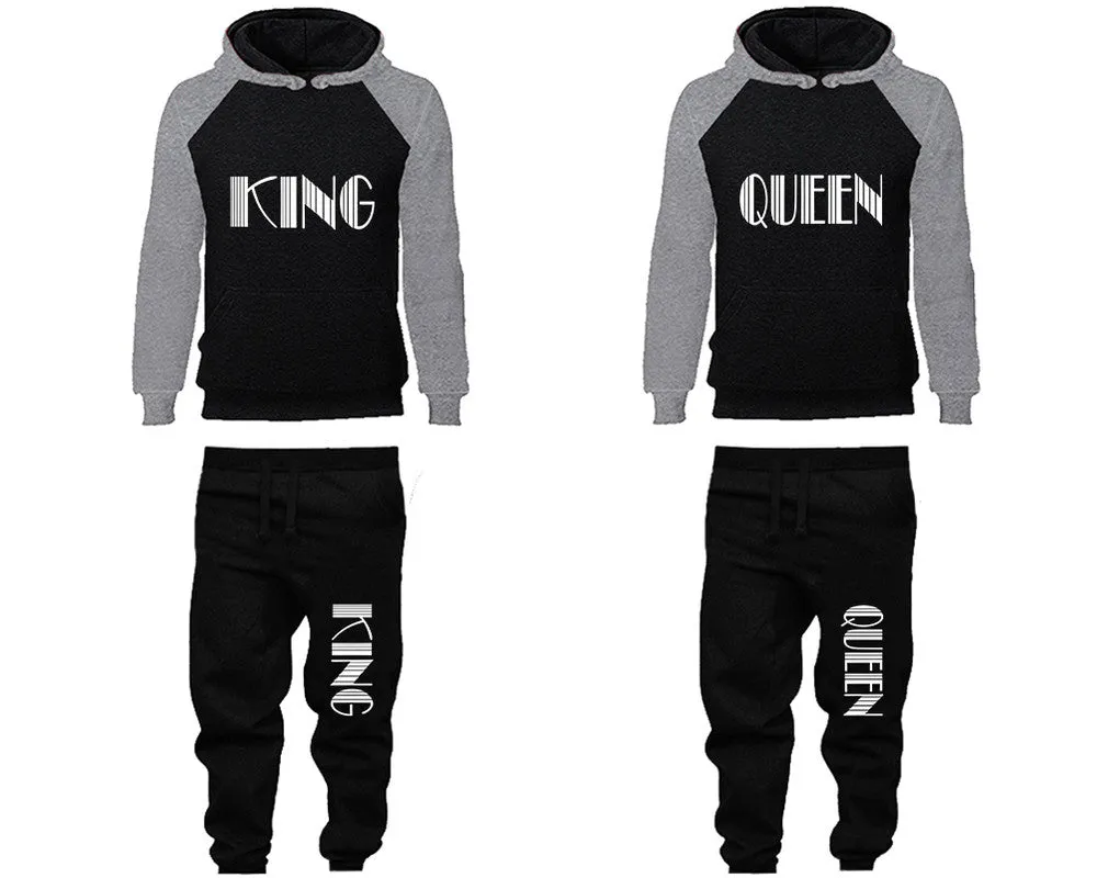 King Queen Couple Matching Top Bottom Set Raglan Hoodies and Jogger Pants