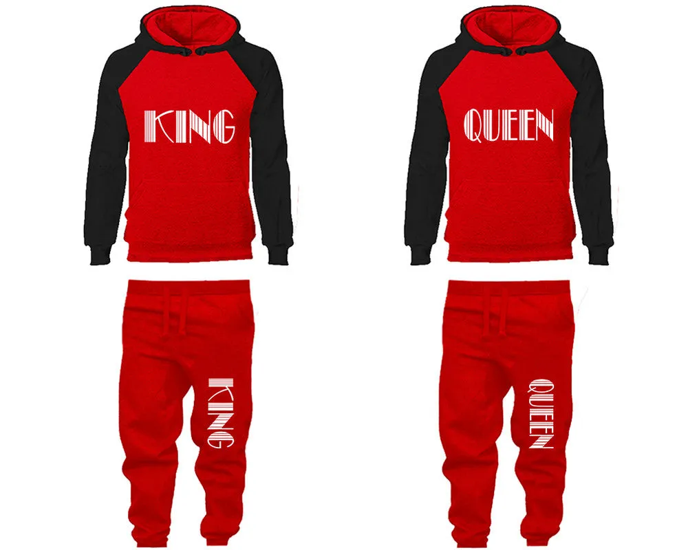 King Queen Couple Matching Top Bottom Set Raglan Hoodies and Jogger Pants