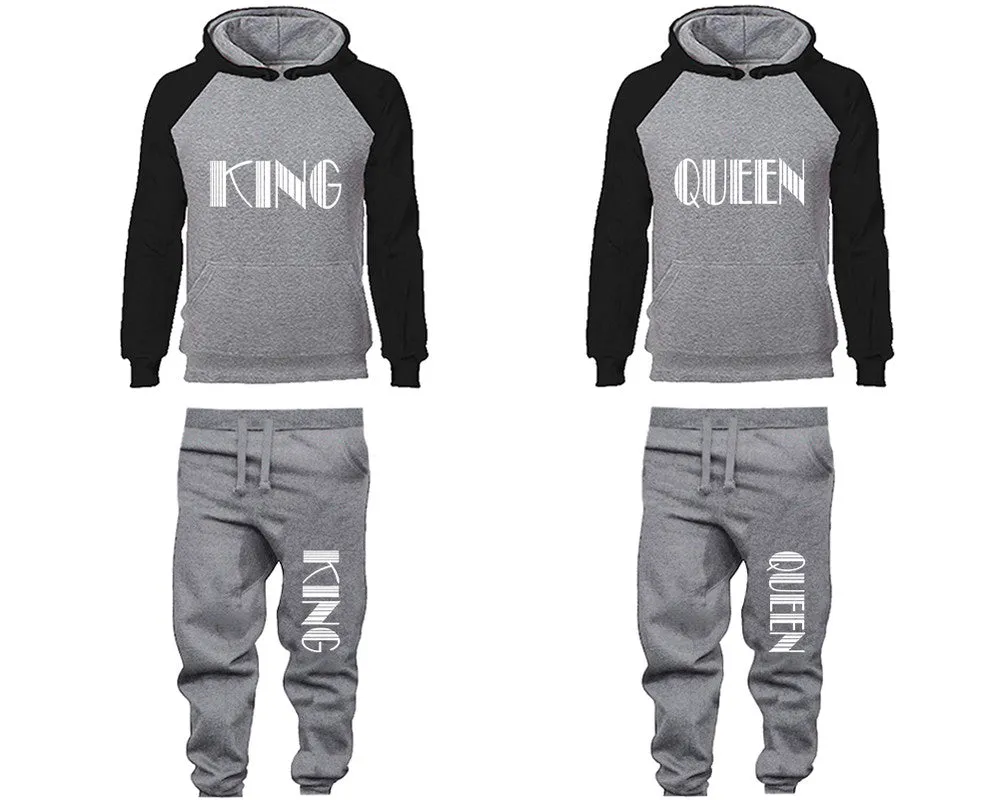 King Queen Couple Matching Top Bottom Set Raglan Hoodies and Jogger Pants