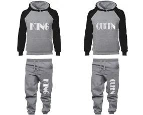 King Queen Couple Matching Top Bottom Set Raglan Hoodies and Jogger Pants