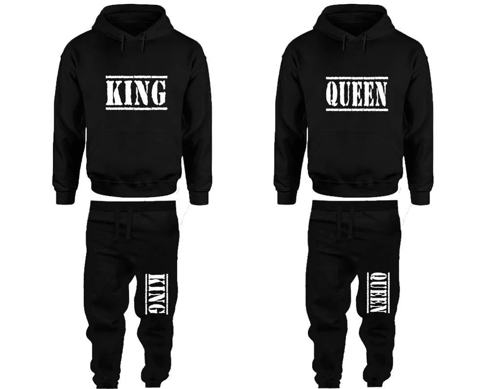 King Queen Couple Pullover Hoodie and Jogger Pants, Matching Top Bottom Sets