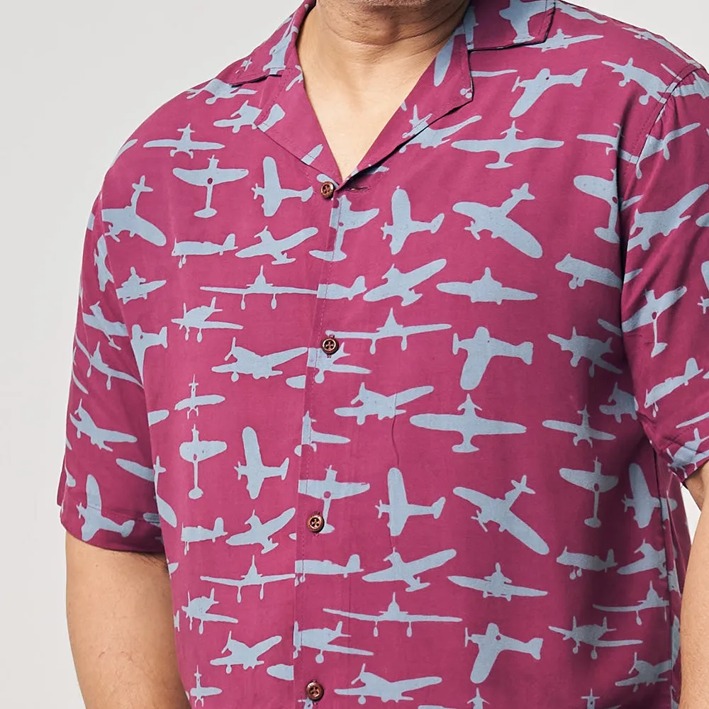 Men's Batik Cuban Shirt - Garnet Airplane