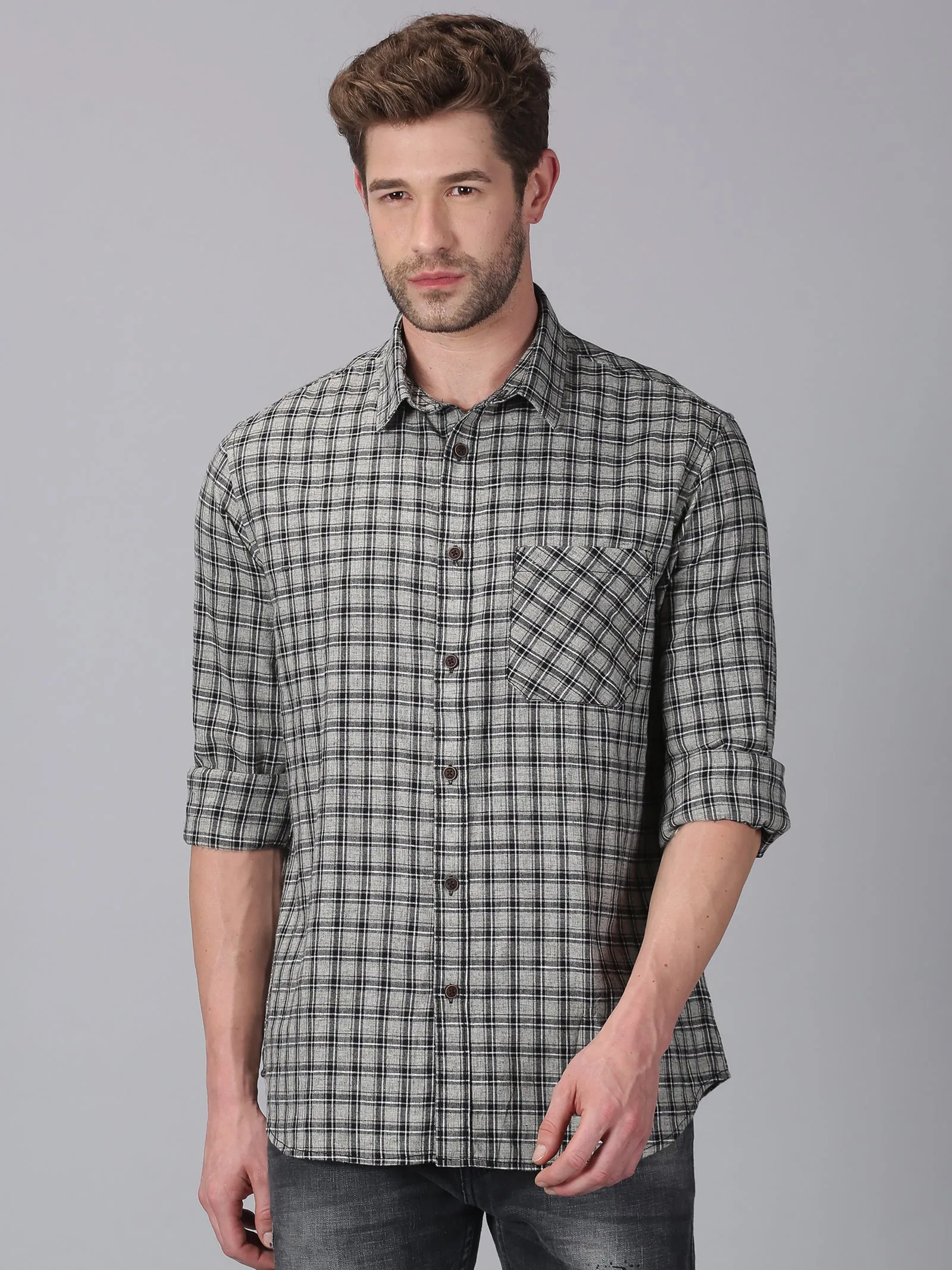 MEN'S BLACK, BLUE CHECK SLIM FIT SHIRT