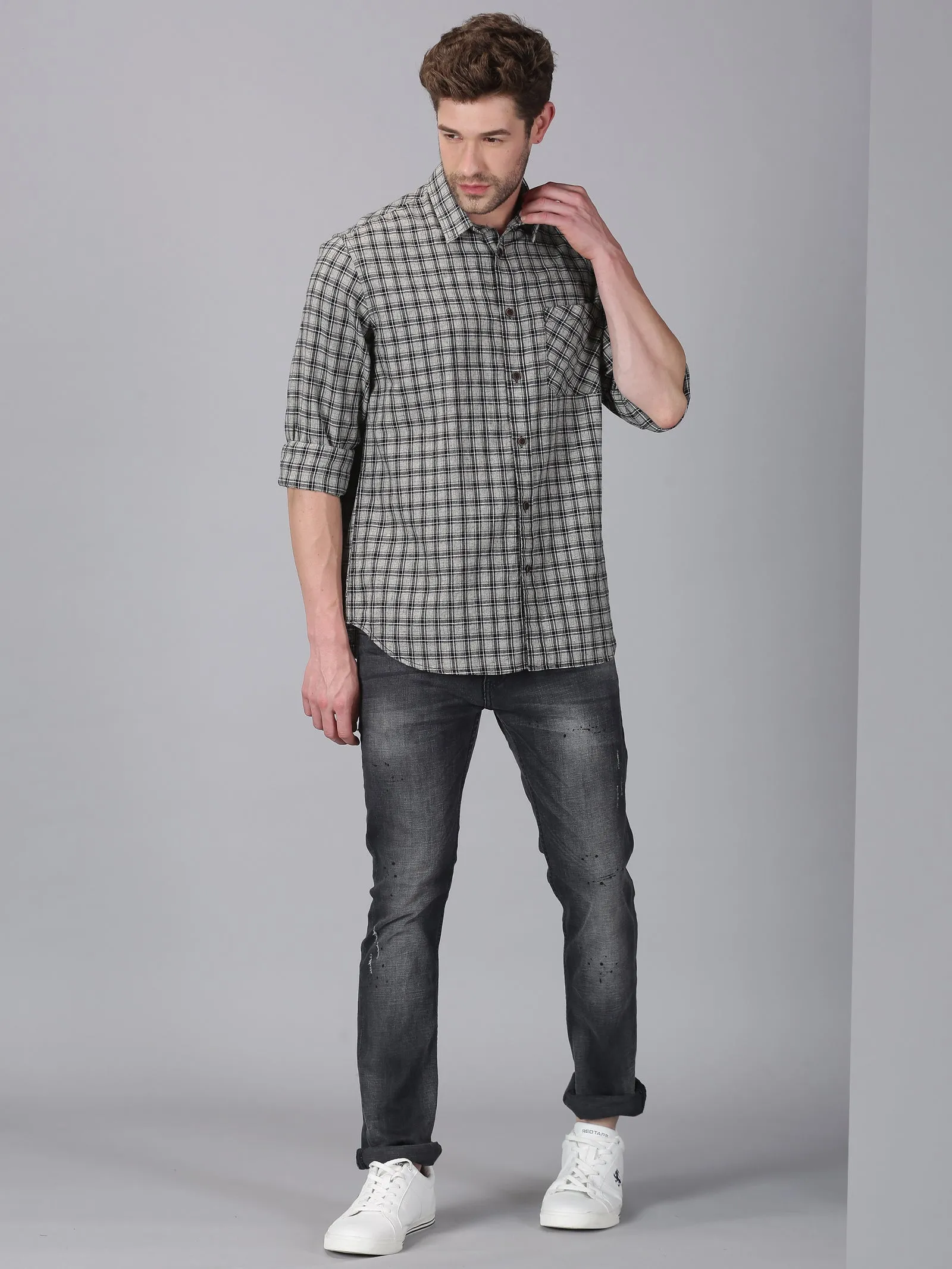 MEN'S BLACK, BLUE CHECK SLIM FIT SHIRT