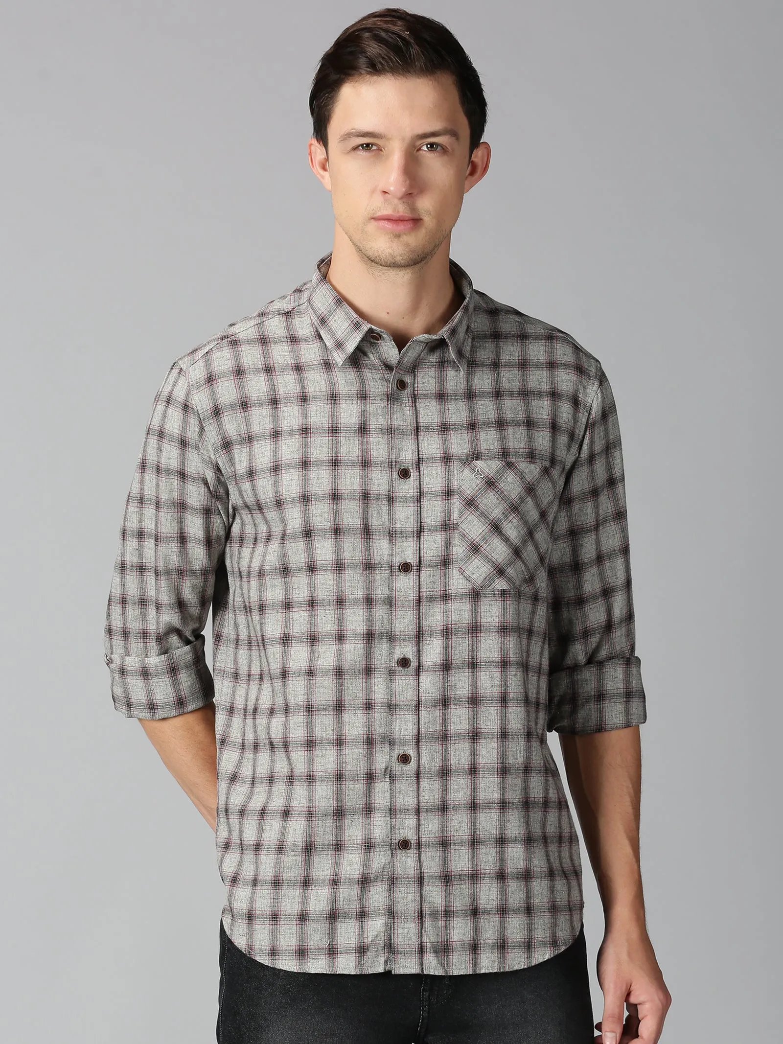 MEN'S BROWN, RED CHECK SLIM FIT SHIRT