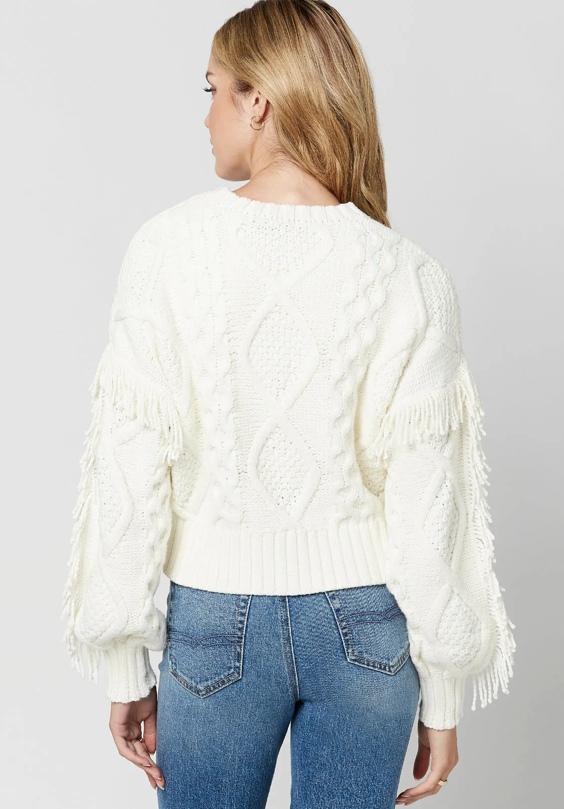 Mercina Women's Boxy Fringed Sweater in White - SW0626H