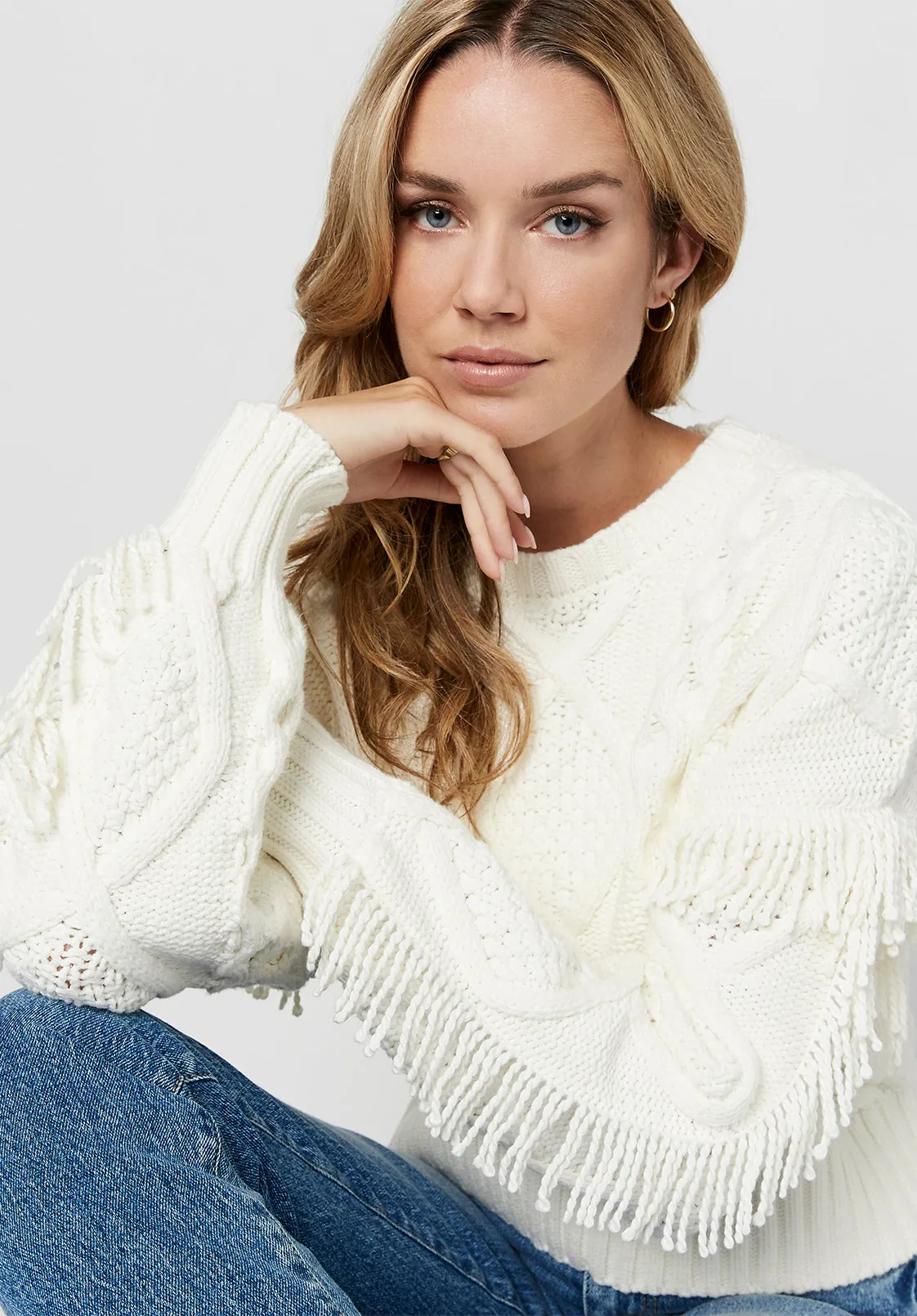 Mercina Women's Boxy Fringed Sweater in White - SW0626H