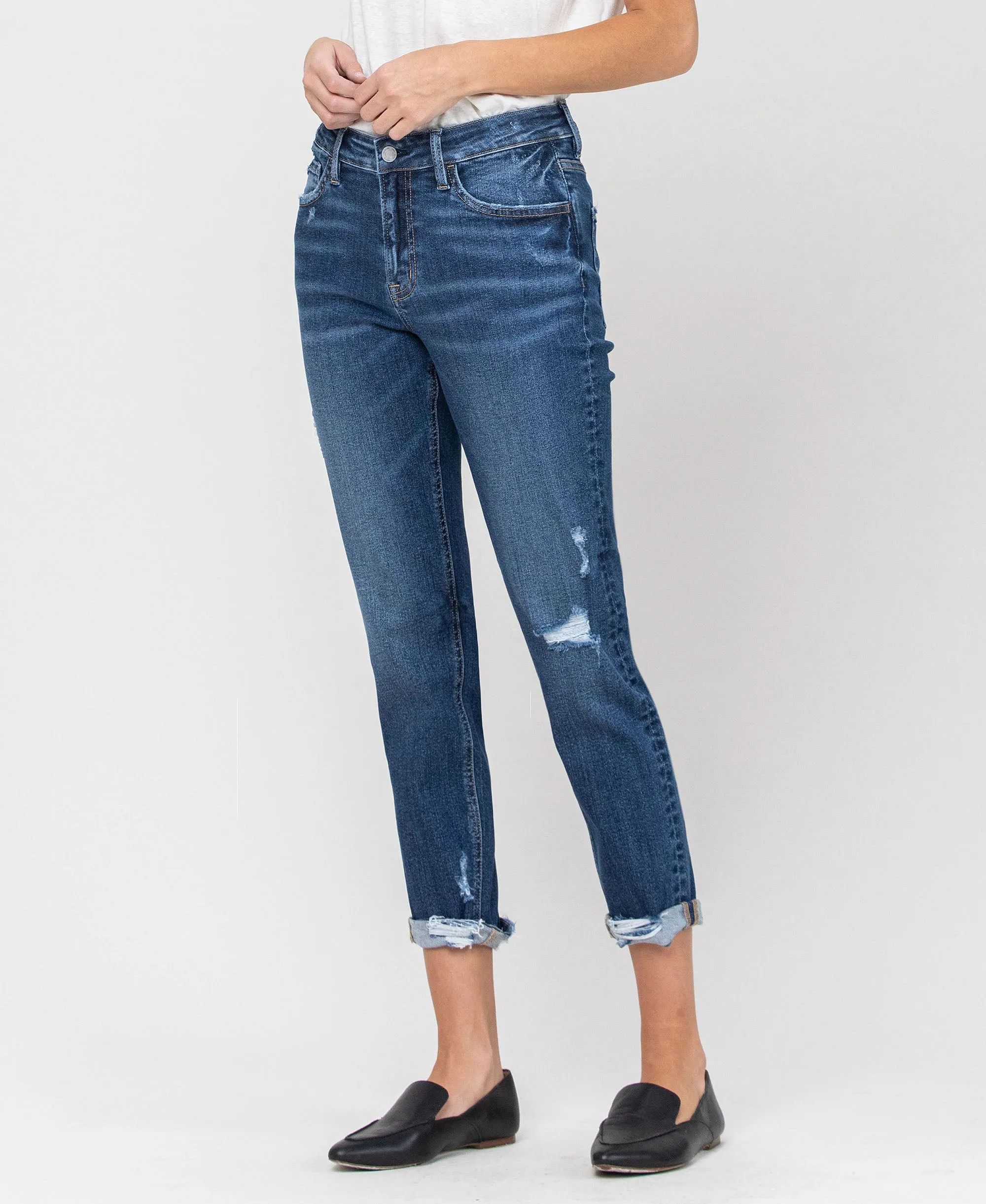 Partition - Distressed High Rise Cuff Boyfriend Jeans