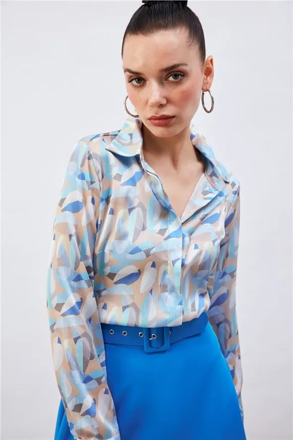 Patterned Satin Silk long button down Shirt - Baby Blue-Multi