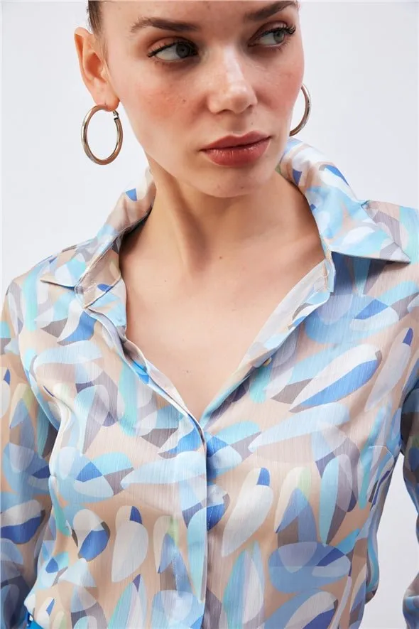 Patterned Satin Silk long button down Shirt - Baby Blue-Multi