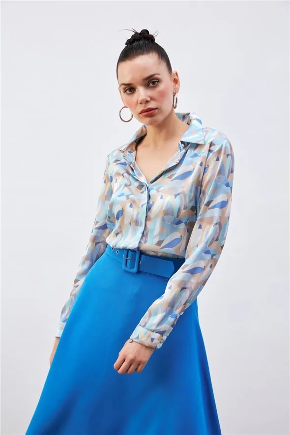 Patterned Satin Silk long button down Shirt - Baby Blue-Multi